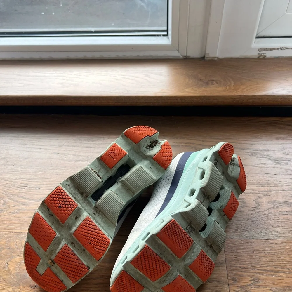 ON cloudmonster - White and Navy Athletic Shoes with Orange Accents - Picture 5 of 5